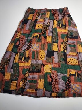 Boho Midi Skirt Earth Tone Print Flowy A Line Brown Green Artsy M L